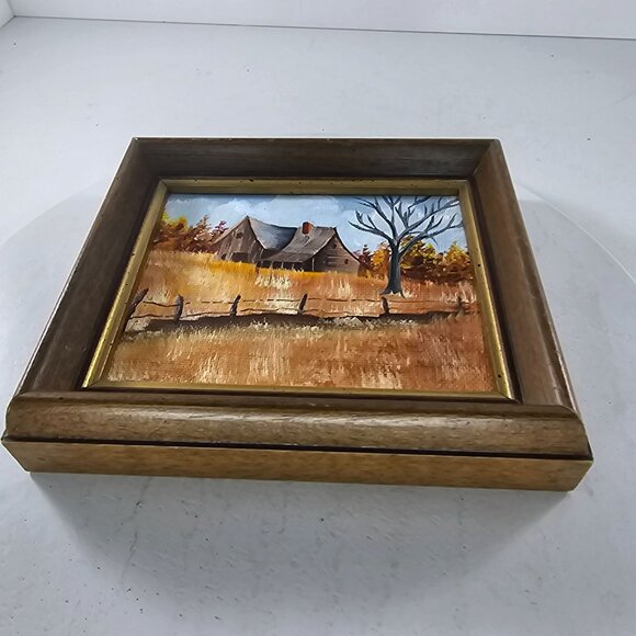 Rustic Farmhouse Landscape Oil Painting In Wooden Frame Autumn Scene Barn Tree - Picture 7 of 8